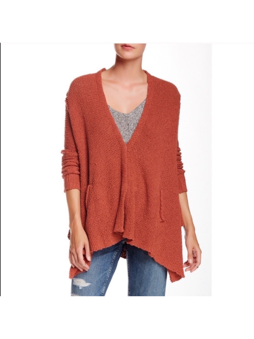Free people Cozy V-Neck Open Cardigan Sweater in Rust boho knit loose pockets
